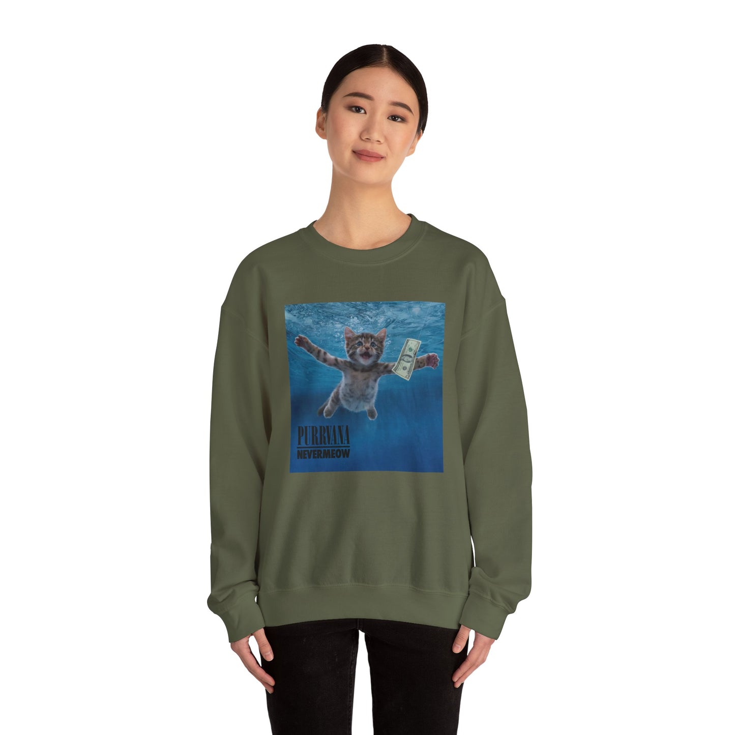 Purrvana Nevermeow Album Cover Crewneck Sweatshirt