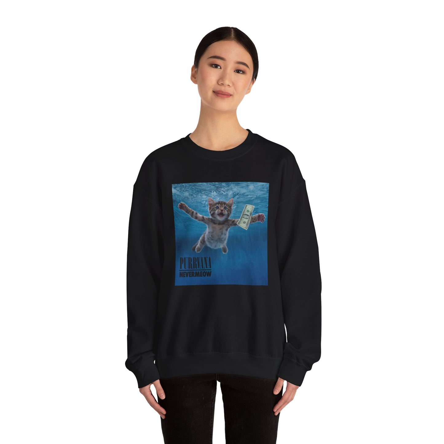 Purrvana Nevermeow Album Cover Crewneck Sweatshirt
