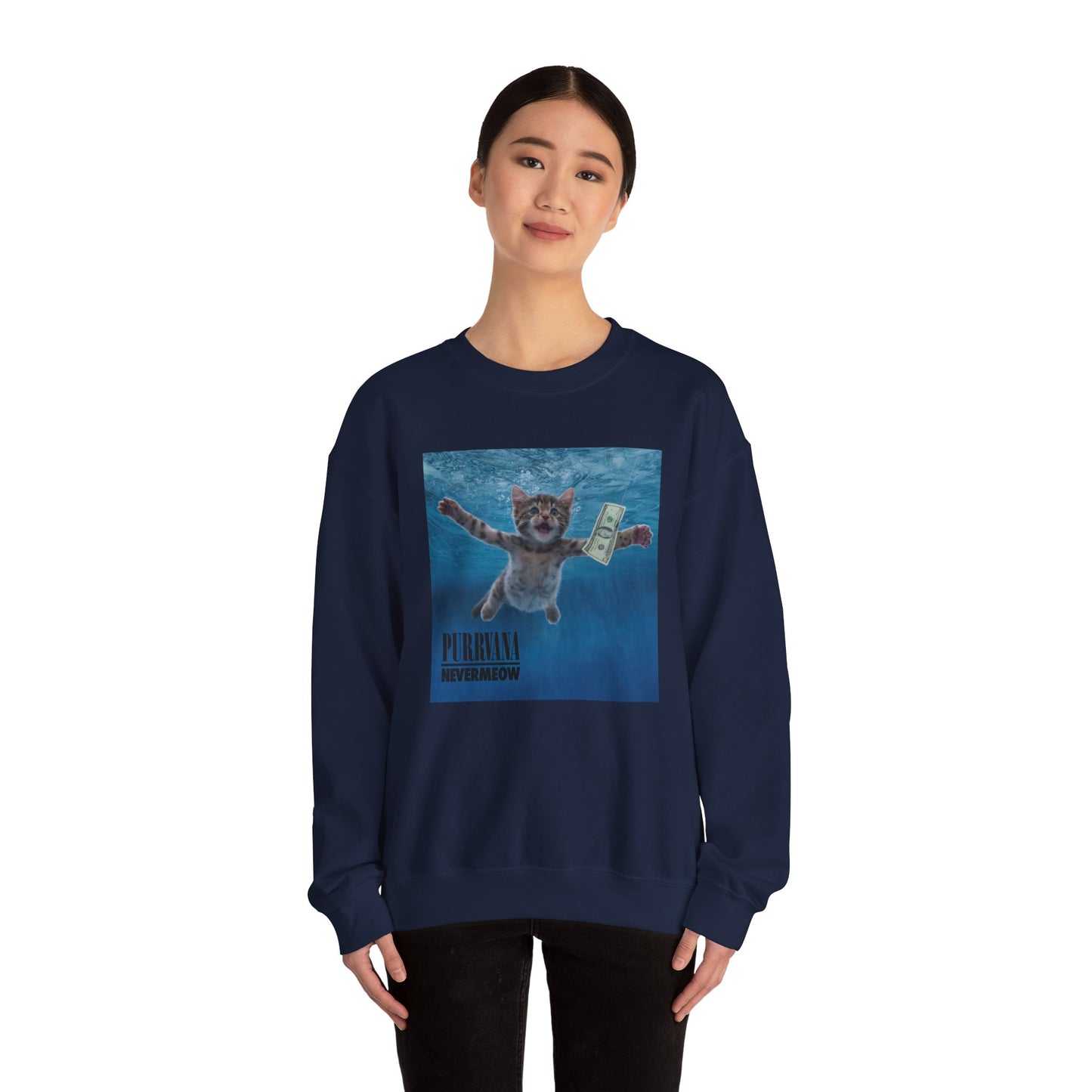 Purrvana Nevermeow Album Cover Crewneck Sweatshirt