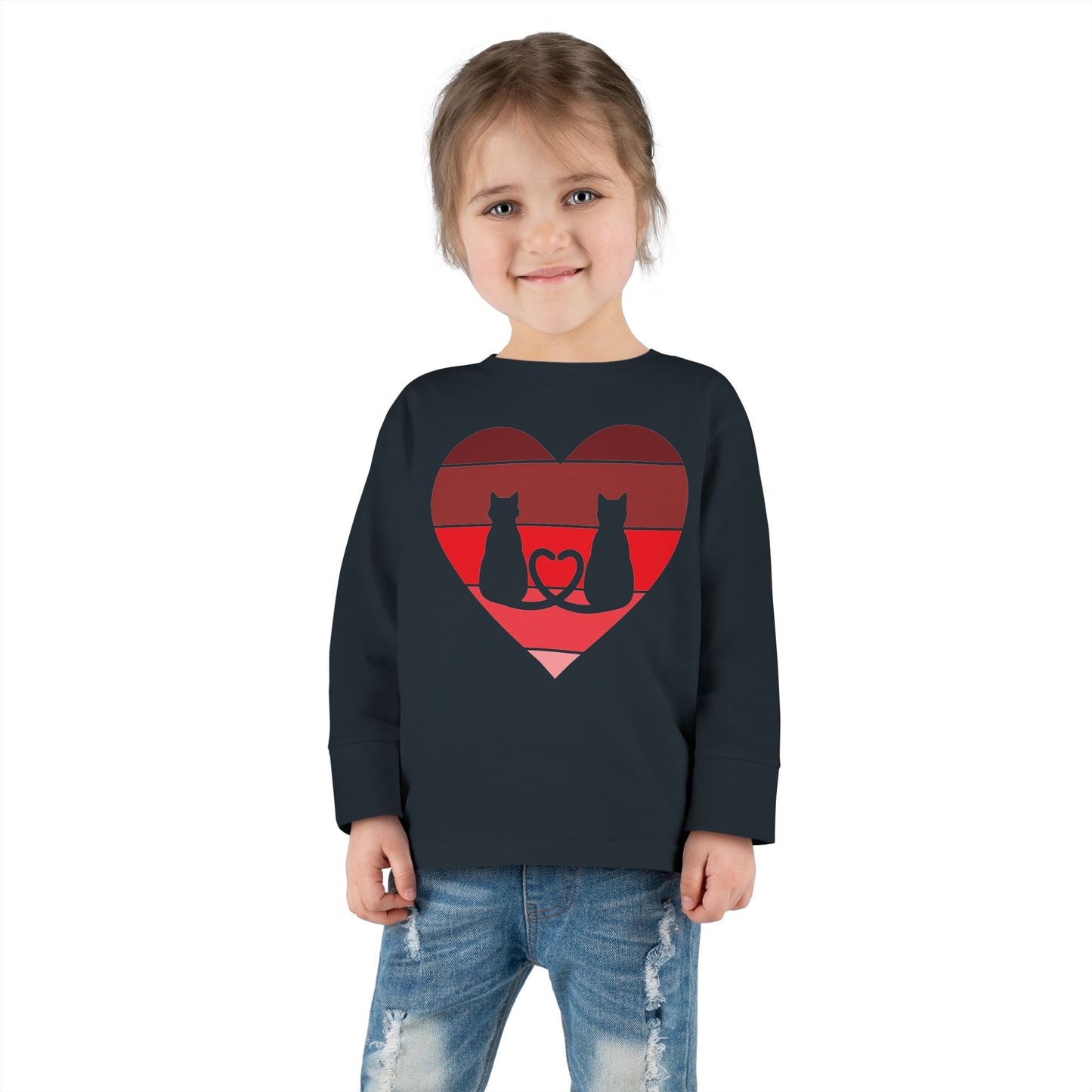 Cat Tail Love Retro Heart Toddler Long Sleeve Tee